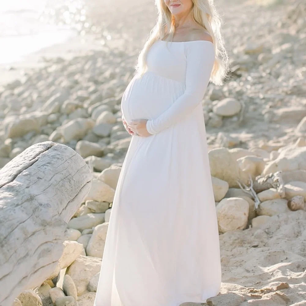 PinkBlush Ivory Solid Off Shoulder Maternity Maxi Dress - Picture 3 of 4